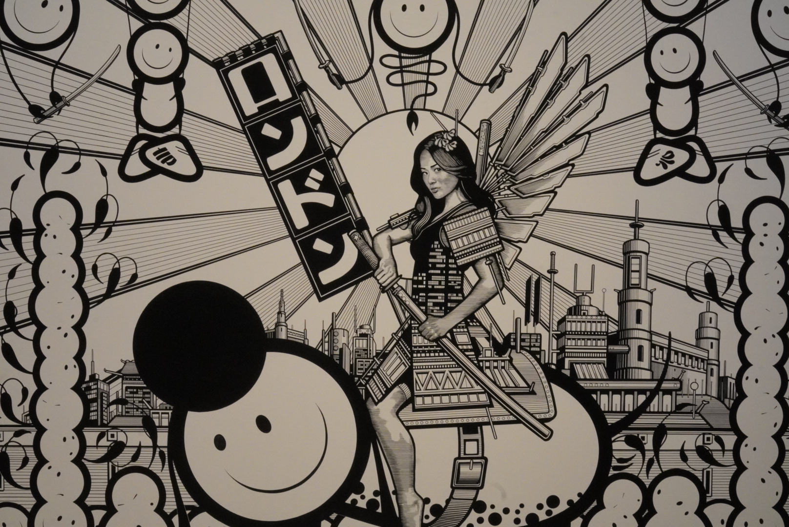 Female samurai riding a smiling creature.